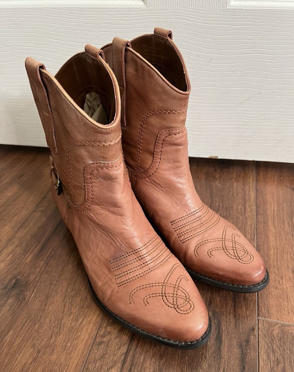 FRANCO SARTO Waco Brown Leather Stitch Detail Western Rodeo Ankle Boots Sz 8M
